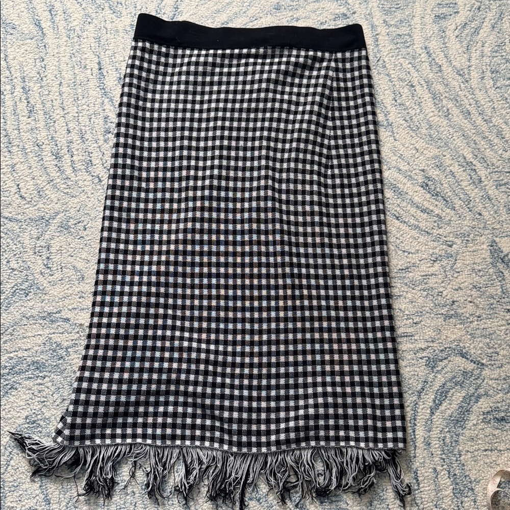 Nanette Lepore black and white checkered fringe, midi skirt, gold buttons XL - Picture 5 of 5